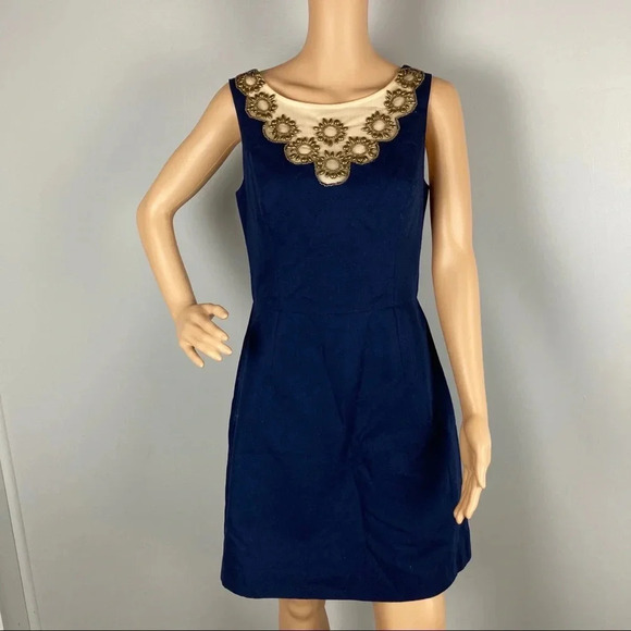 Lilly Pulitzer Women's 4 Wythe Fit and Flare Dress Navy and Gold Illusion Top - Picture 2 of 11